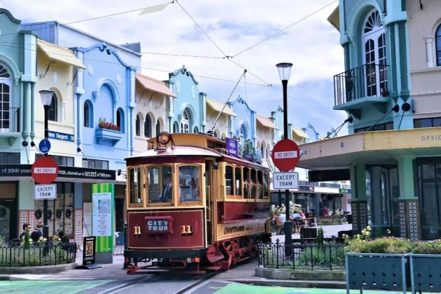 New Zealand South Island Christchurch city tram and heritage buildings