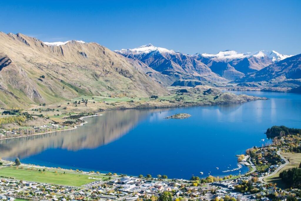 New Zealand South Island Lake Wanaka and snow-capped mountains