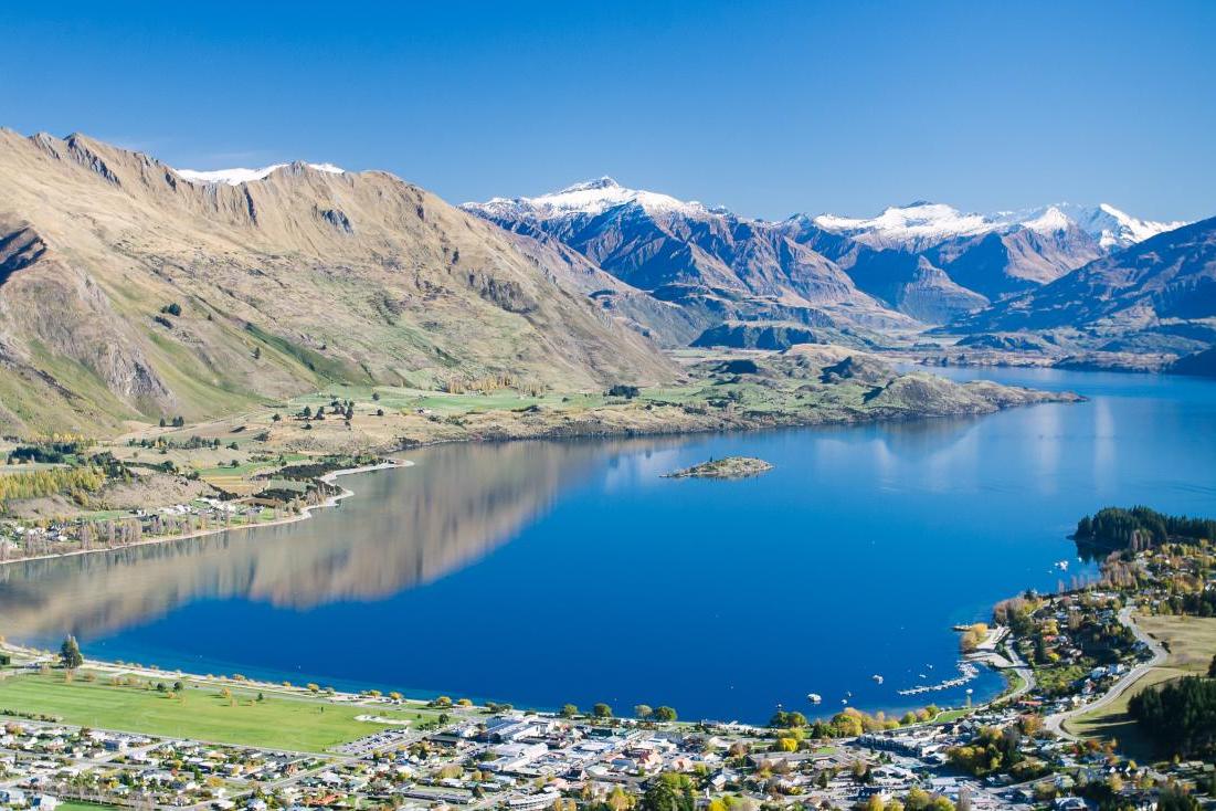 New Zealand South Island Lake Wanaka and snow-capped mountains